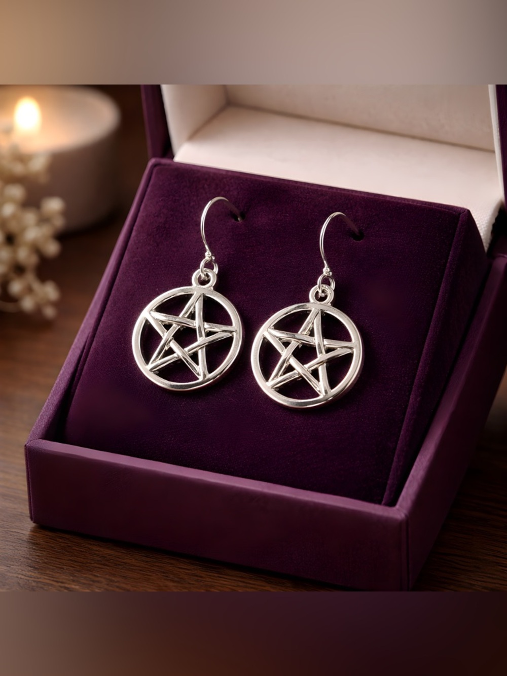 Silver Pentagram / Pentacle Dangle Earrings - Hypoallergenic Hooks